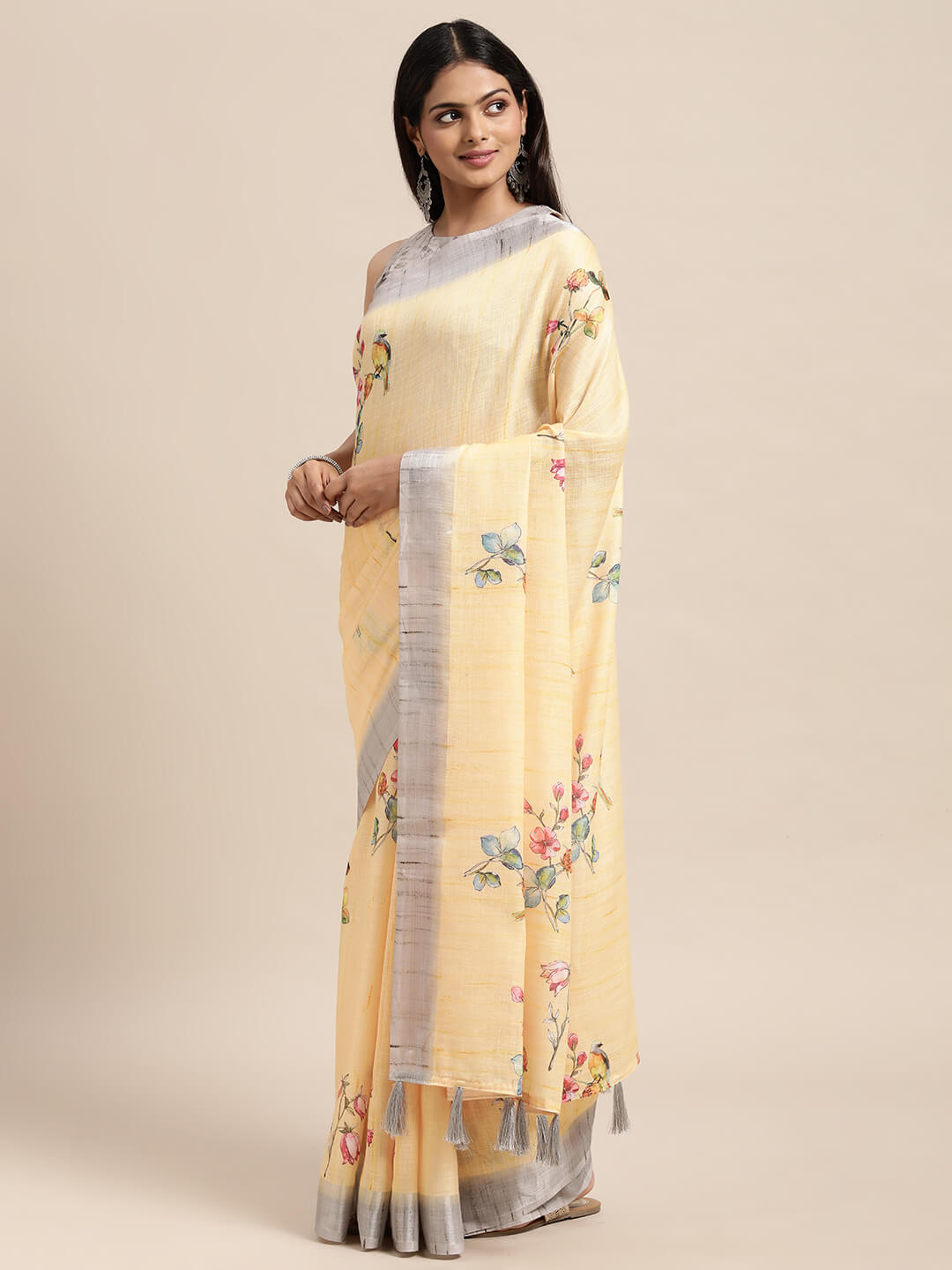 Janasya Women's Yellow Linen Blend Printed  Saree with Blouse Piece