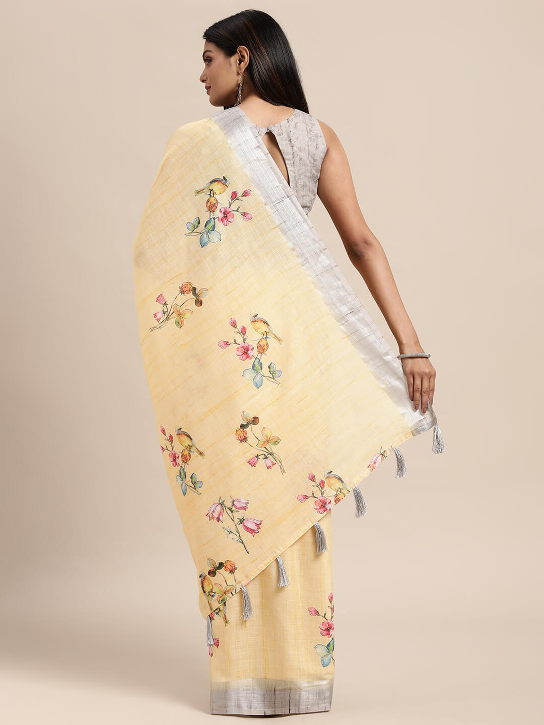 Janasya Women's Yellow Linen Blend Printed  Saree with Blouse Piece