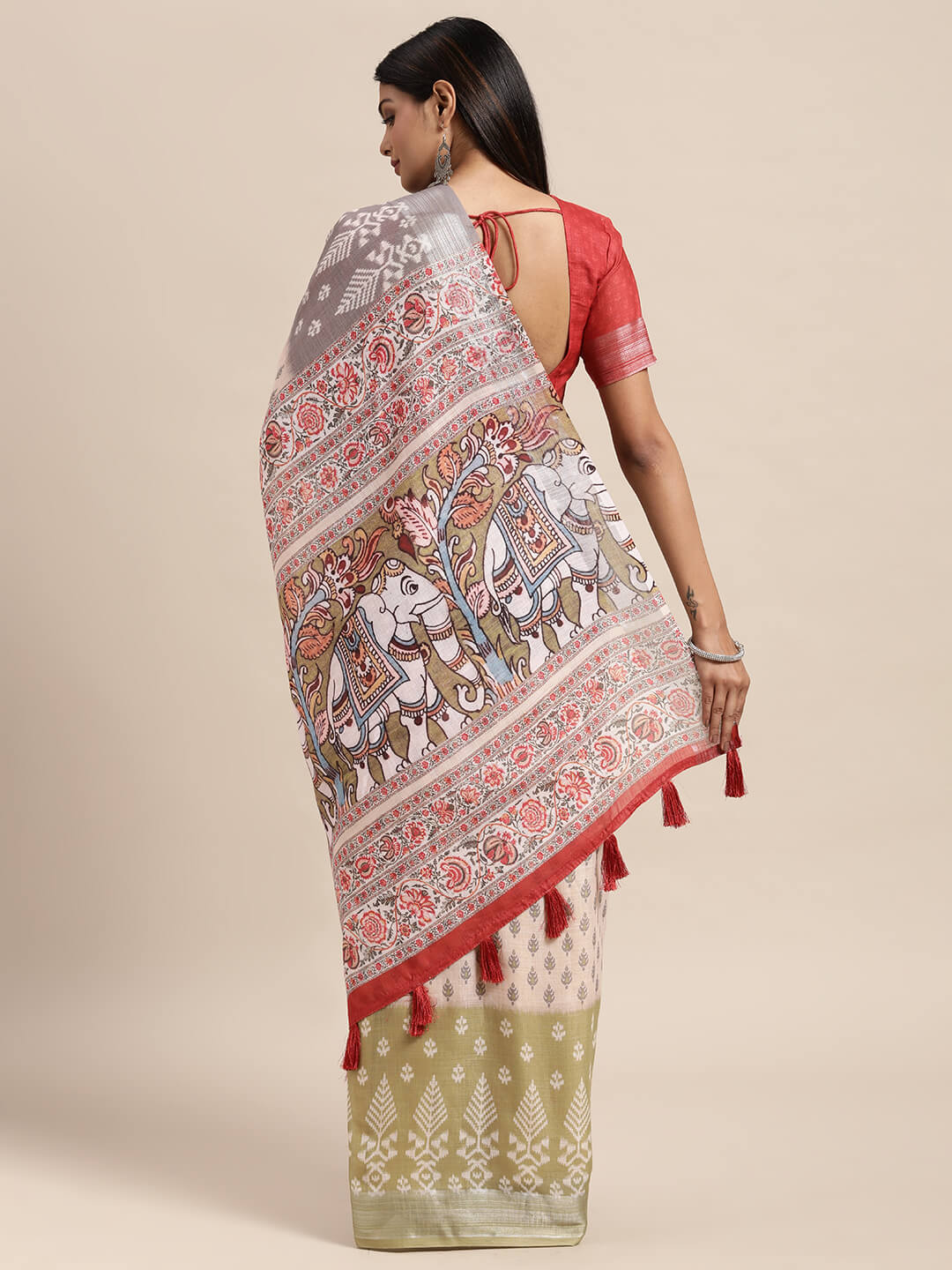 Janasya Women's Multicolor Linen Blend Printed  Saree with Blouse Piece