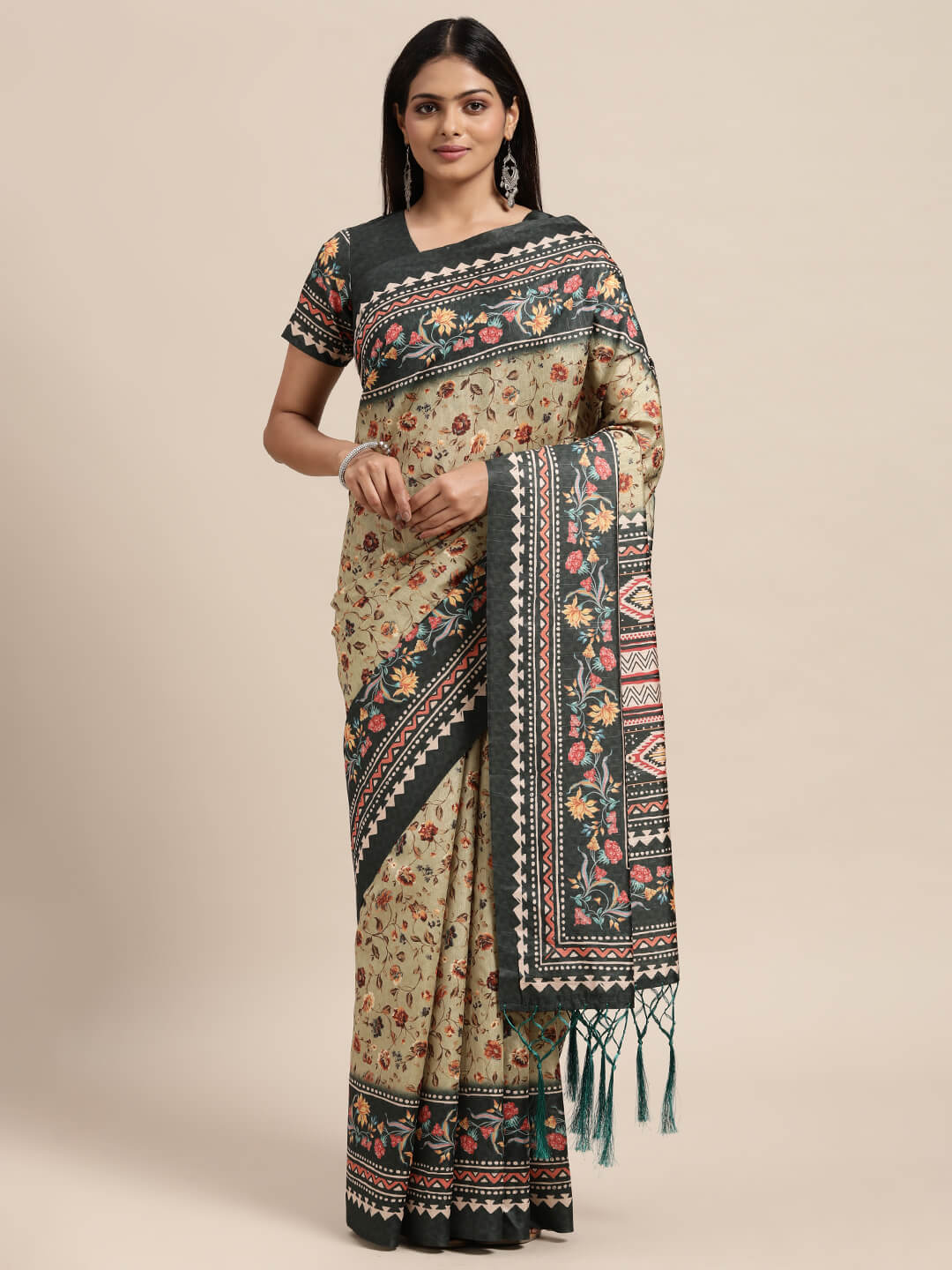 Janasya Women's Green Bhagalpuri Silk Printed  Saree with Blouse Piece