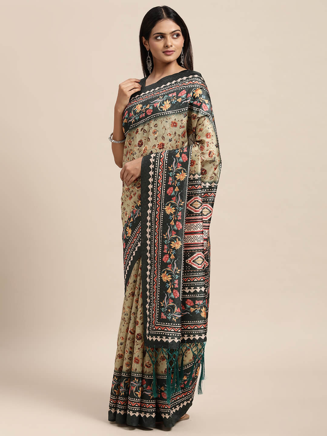Janasya Women's Green Bhagalpuri Silk Printed  Saree with Blouse Piece