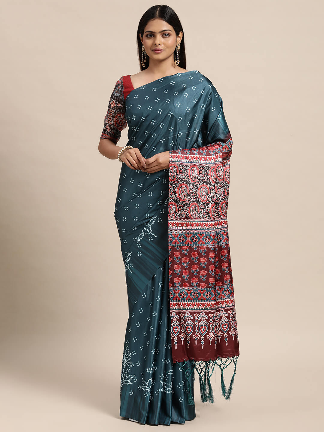 Janasya Women's Teal Satin Printed  Saree with Blouse Piece