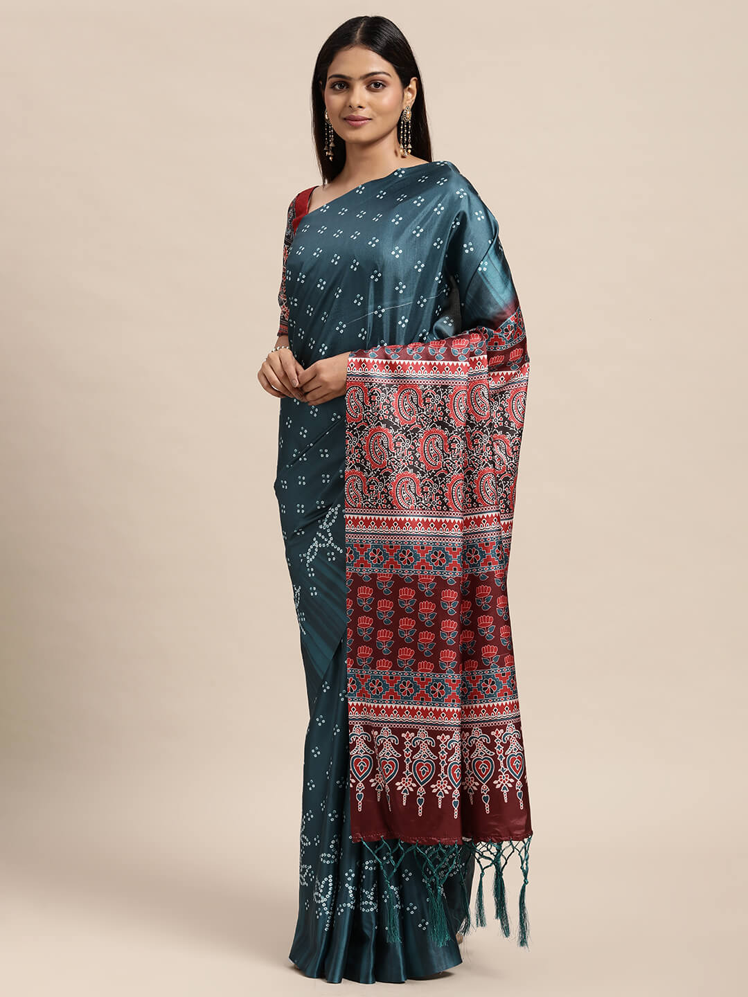 Janasya Women's Teal Satin Printed  Saree with Blouse Piece
