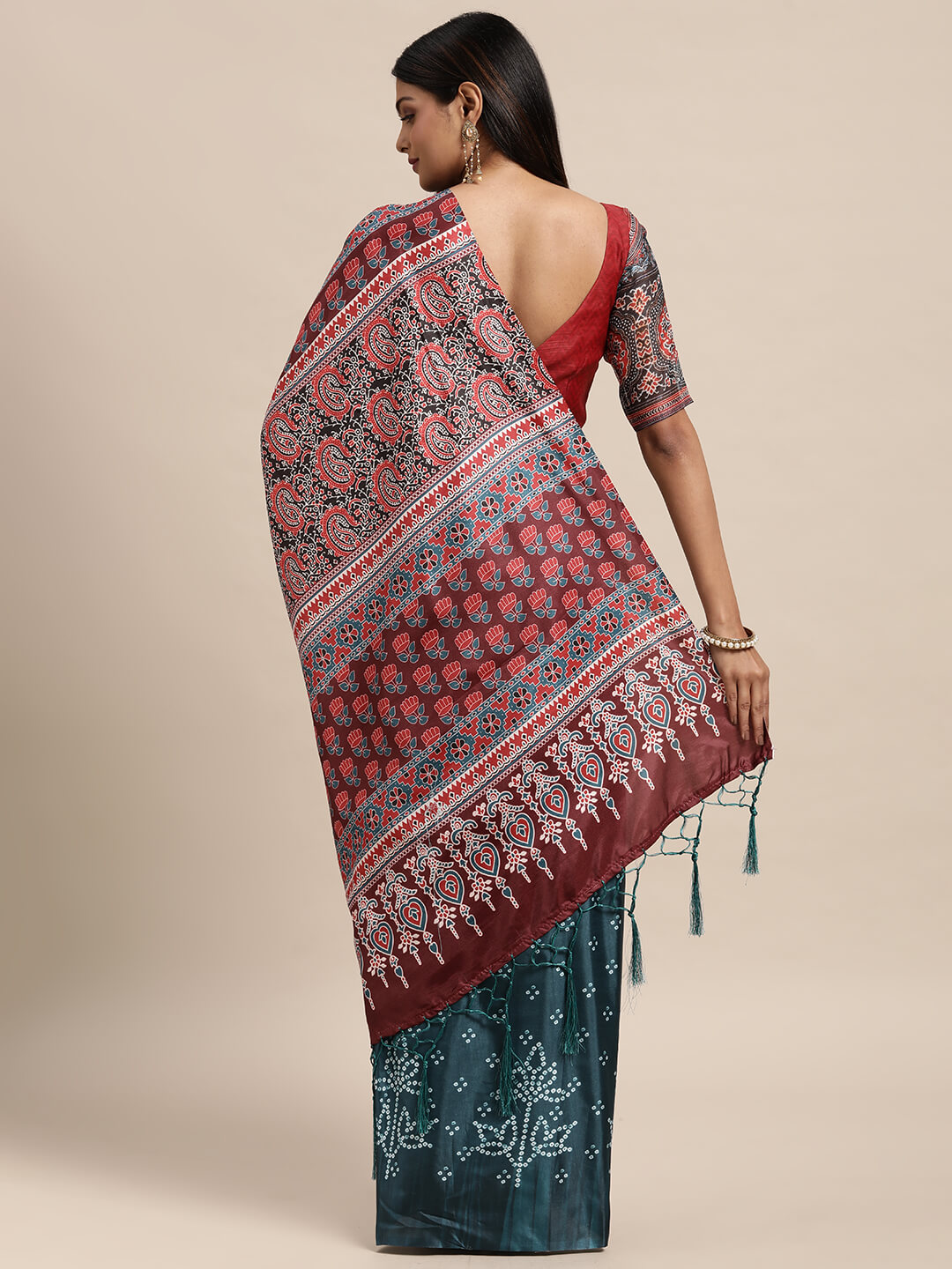 Janasya Women's Teal Satin Printed  Saree with Blouse Piece
