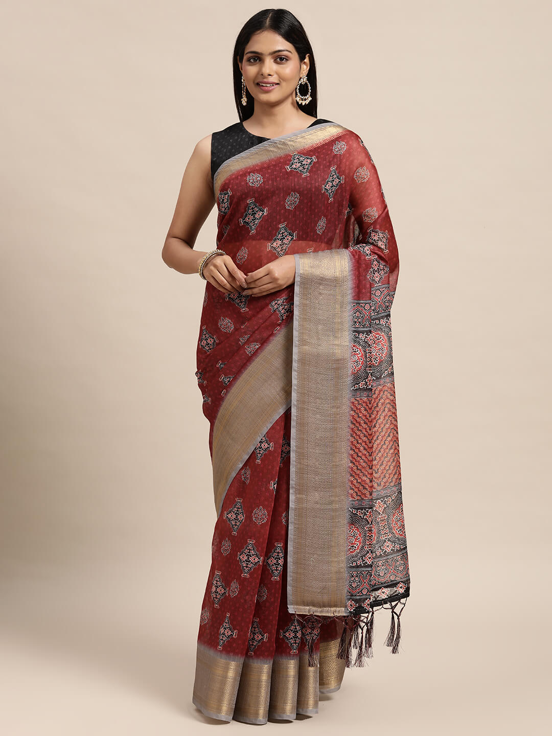 Janasya Women's Maroon Chanderi Silk Printed  Saree with Blouse Piece