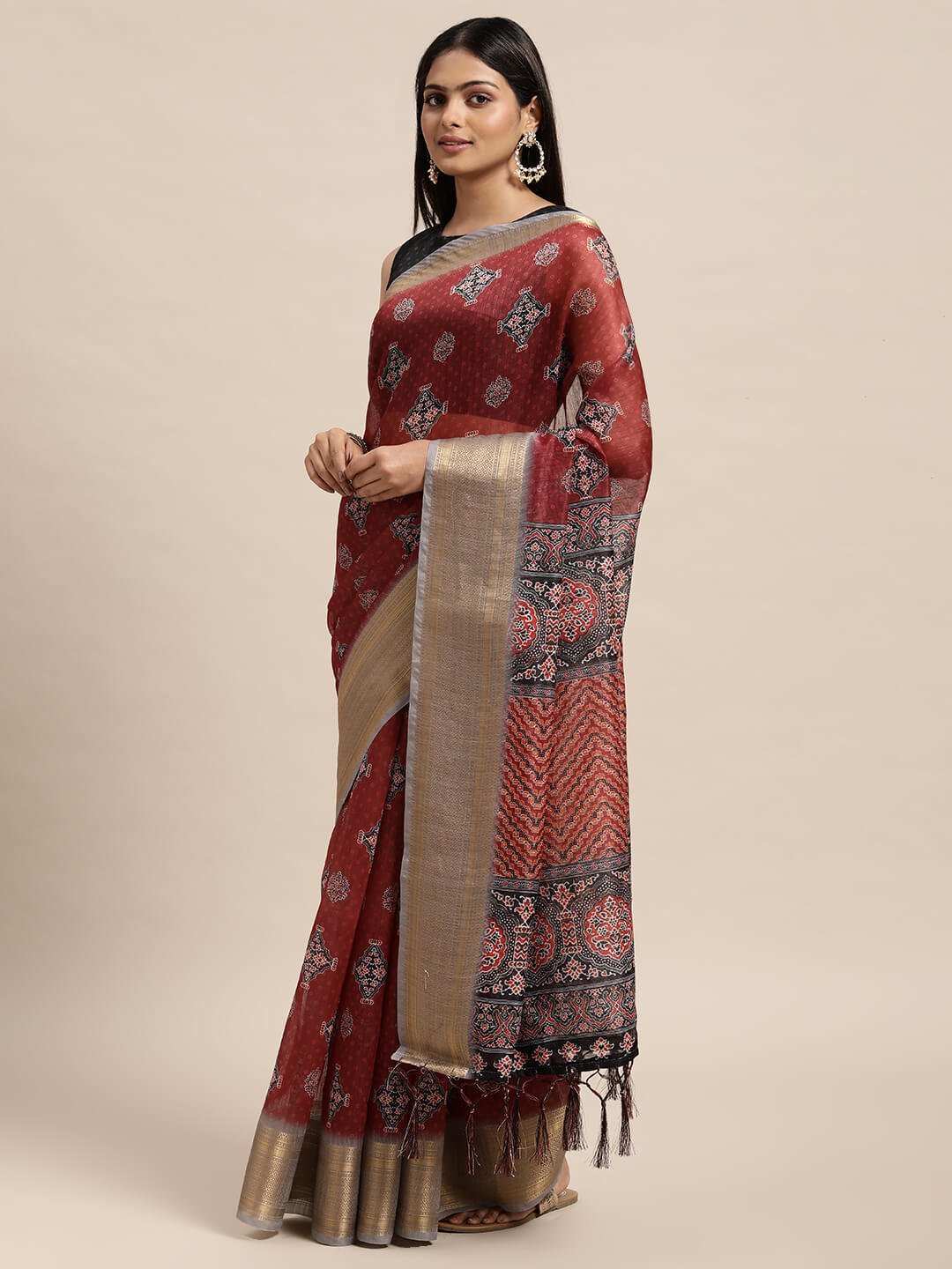 Janasya Women's Maroon Chanderi Silk Printed  Saree with Blouse Piece