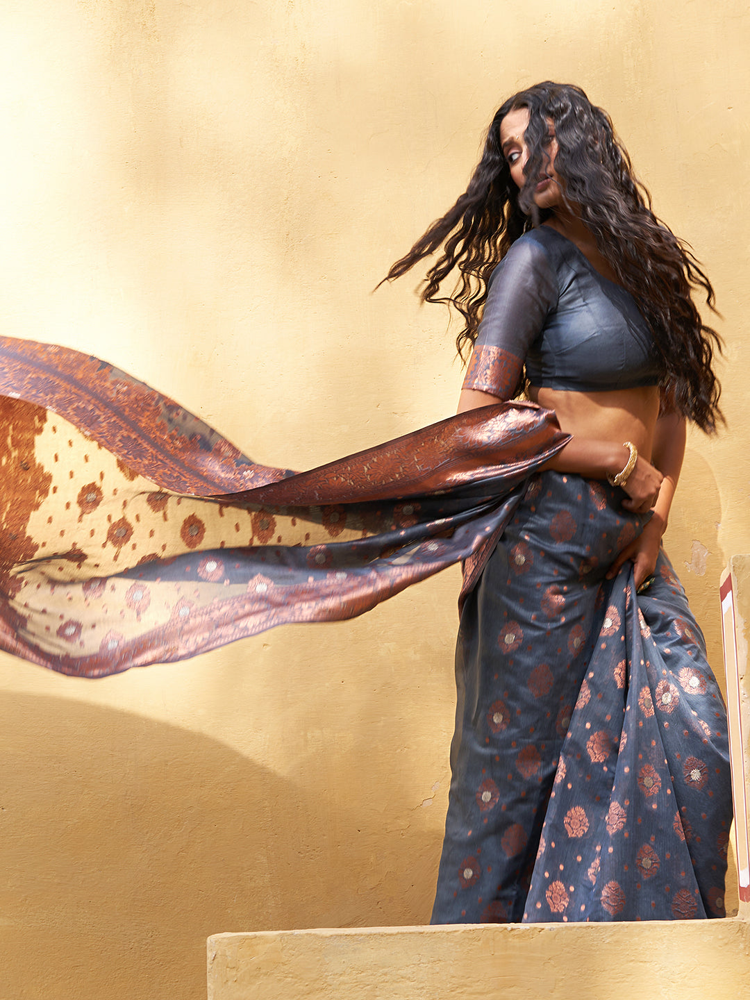 Dark Grey Chanderi Silk Ethnic Motifs Saree with Unstitched Blouse Piece