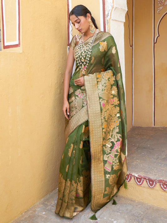 Mehendi Green Organza Woven Ethnic Saree with Unstitched Blouse Piece