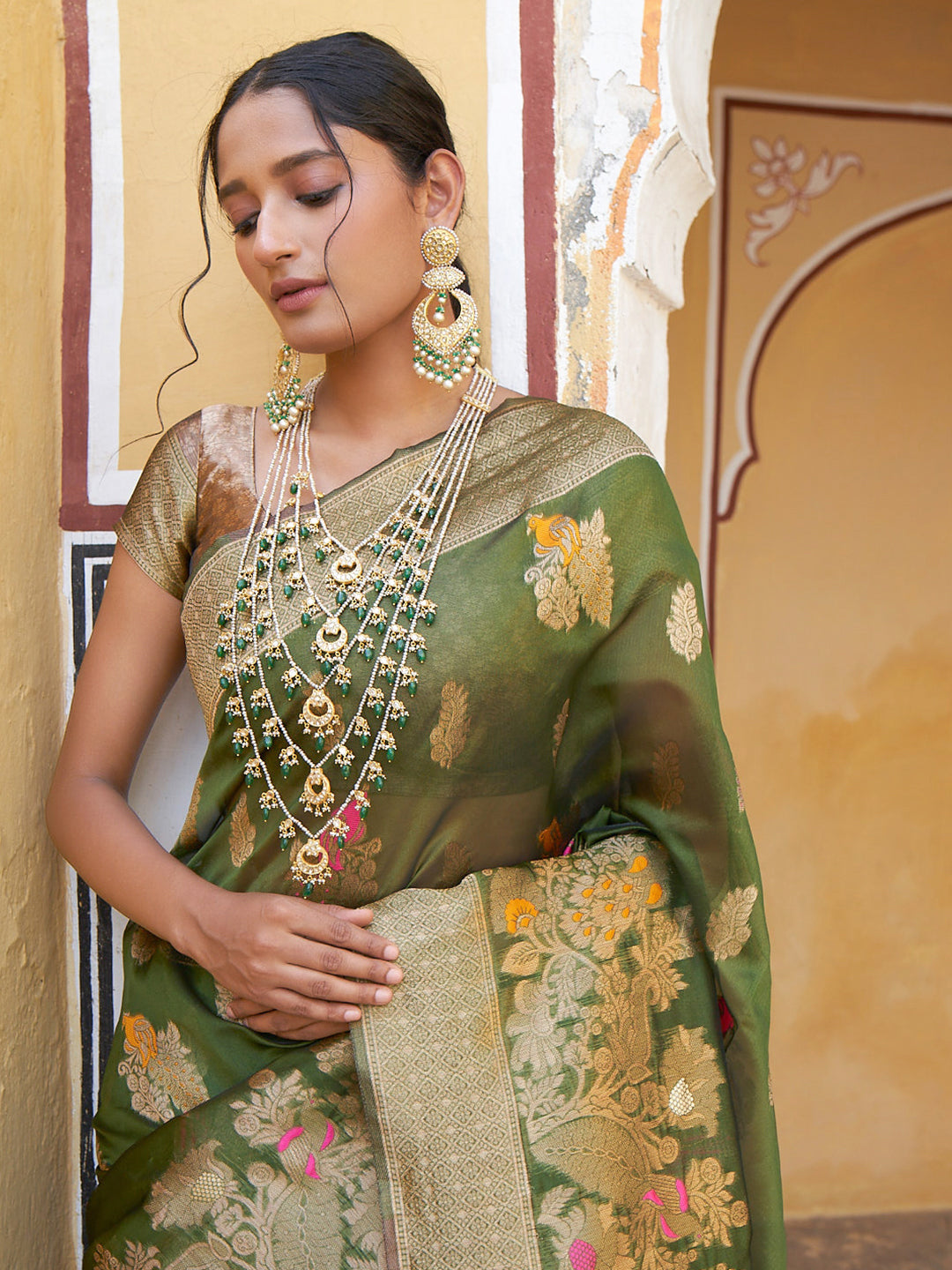 Mehendi Green Organza Woven Ethnic Saree with Unstitched Blouse Piece