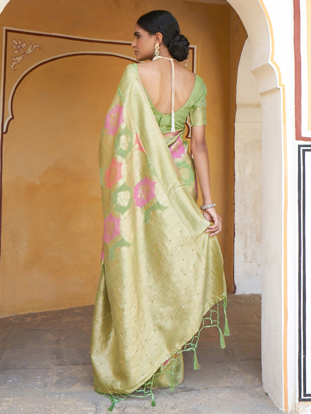 Light Green Chanderi Silk Ethnic Motifs Saree with Unstitched Blouse Piece