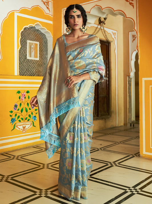 Grey Banarasi Silk Woven Floral Design Saree with Unstitched Blouse Piece