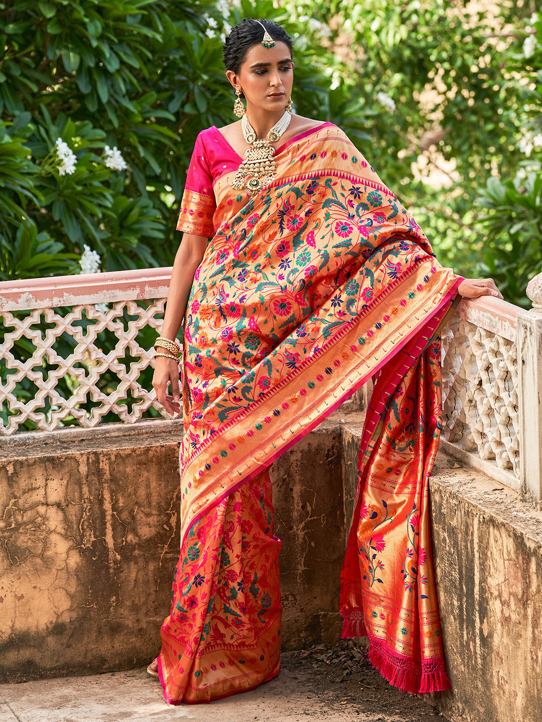 Pink Paithani Silk Woven Bagh Design Saree with Unstitched Blouse Piece