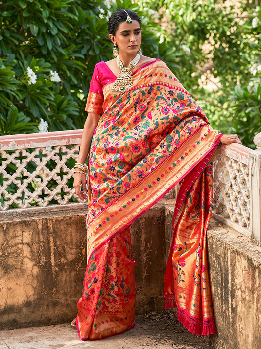 Pink Paithani Silk Woven Bagh Design Saree with Unstitched Blouse Piece