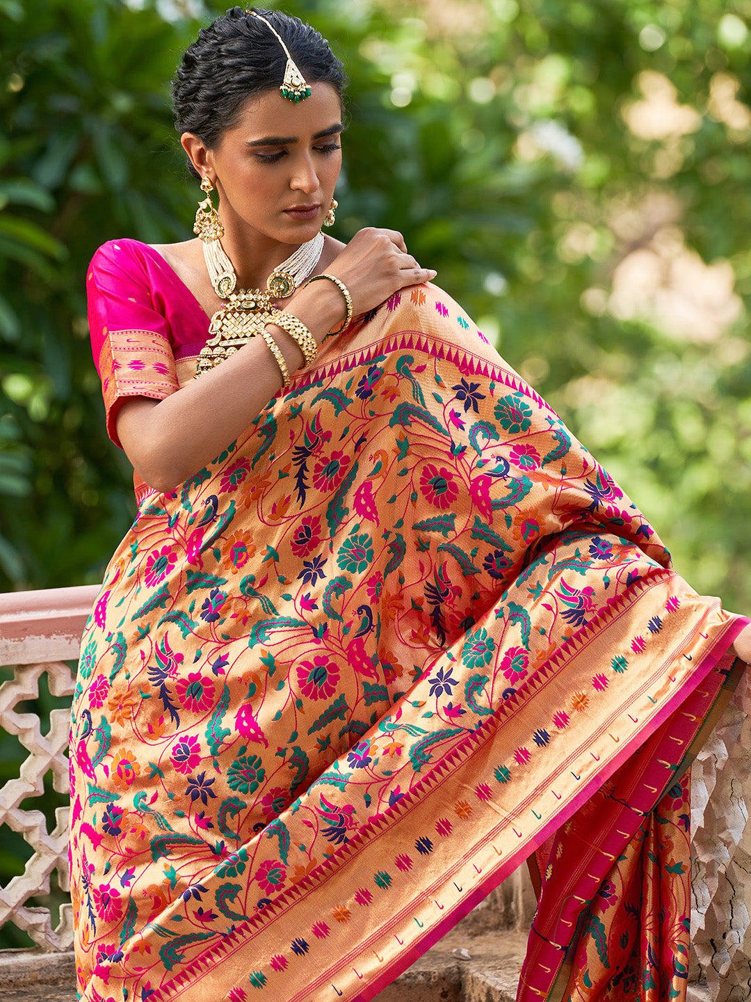 Pink Paithani Silk Woven Bagh Design Saree with Unstitched Blouse Piece