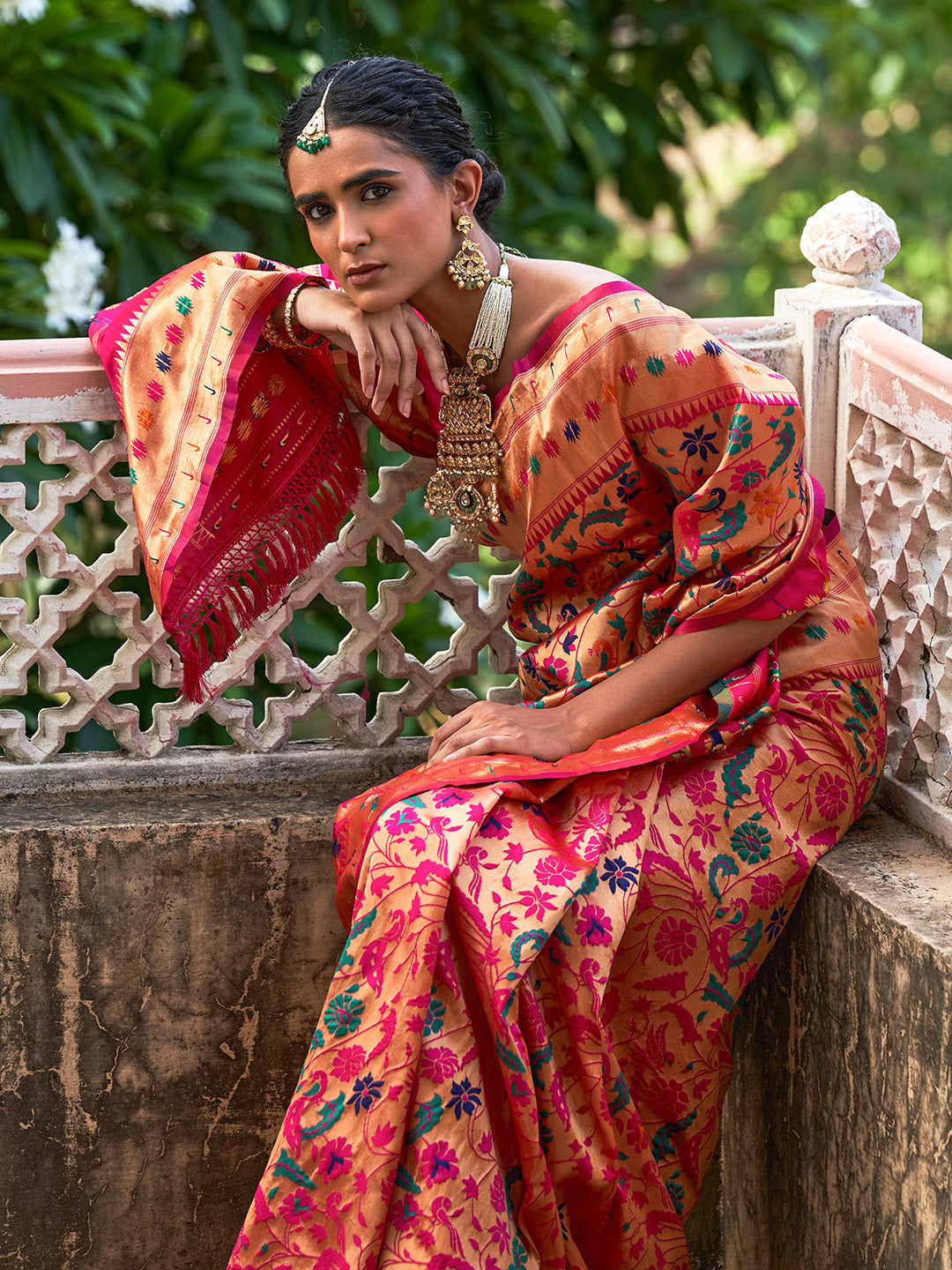 Pink Paithani Silk Woven Bagh Design Saree with Unstitched Blouse Piece