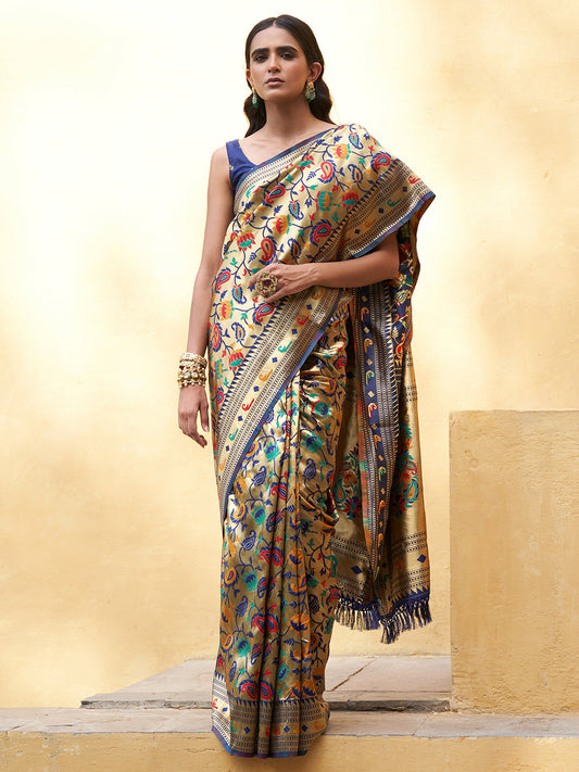 Golden Paithani Silk Woven Floral Design Saree with Unstitched Blouse Piece