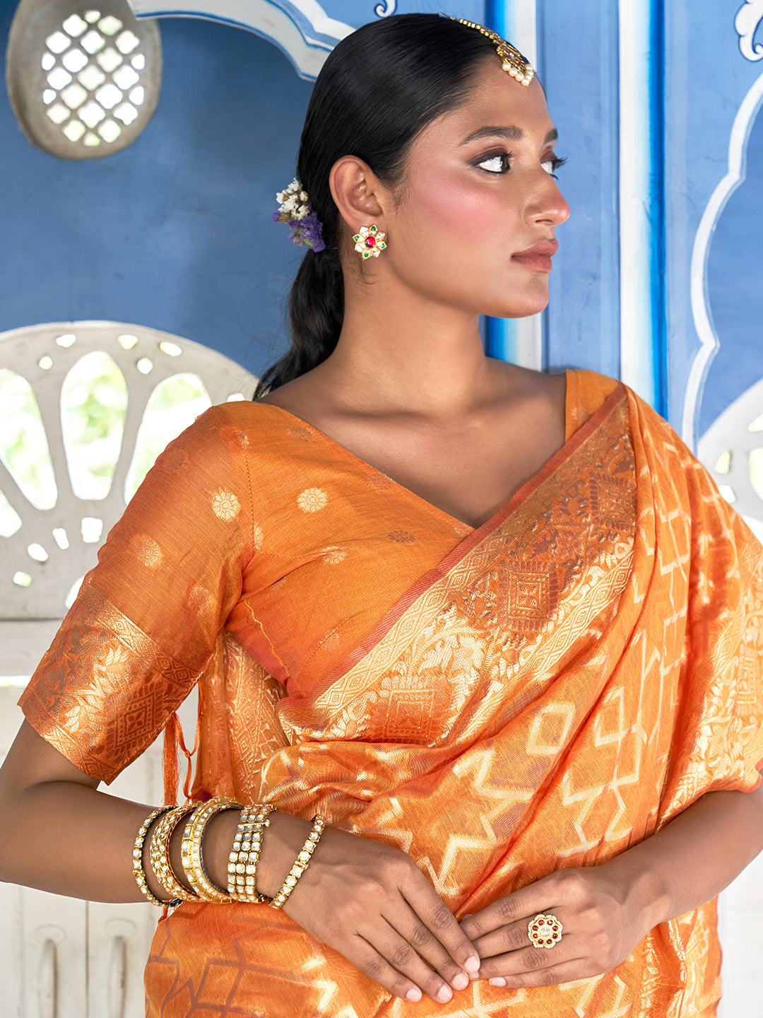 Yellow Chanderi Silk Woven Geometric Saree with Unstitched Blouse Piece