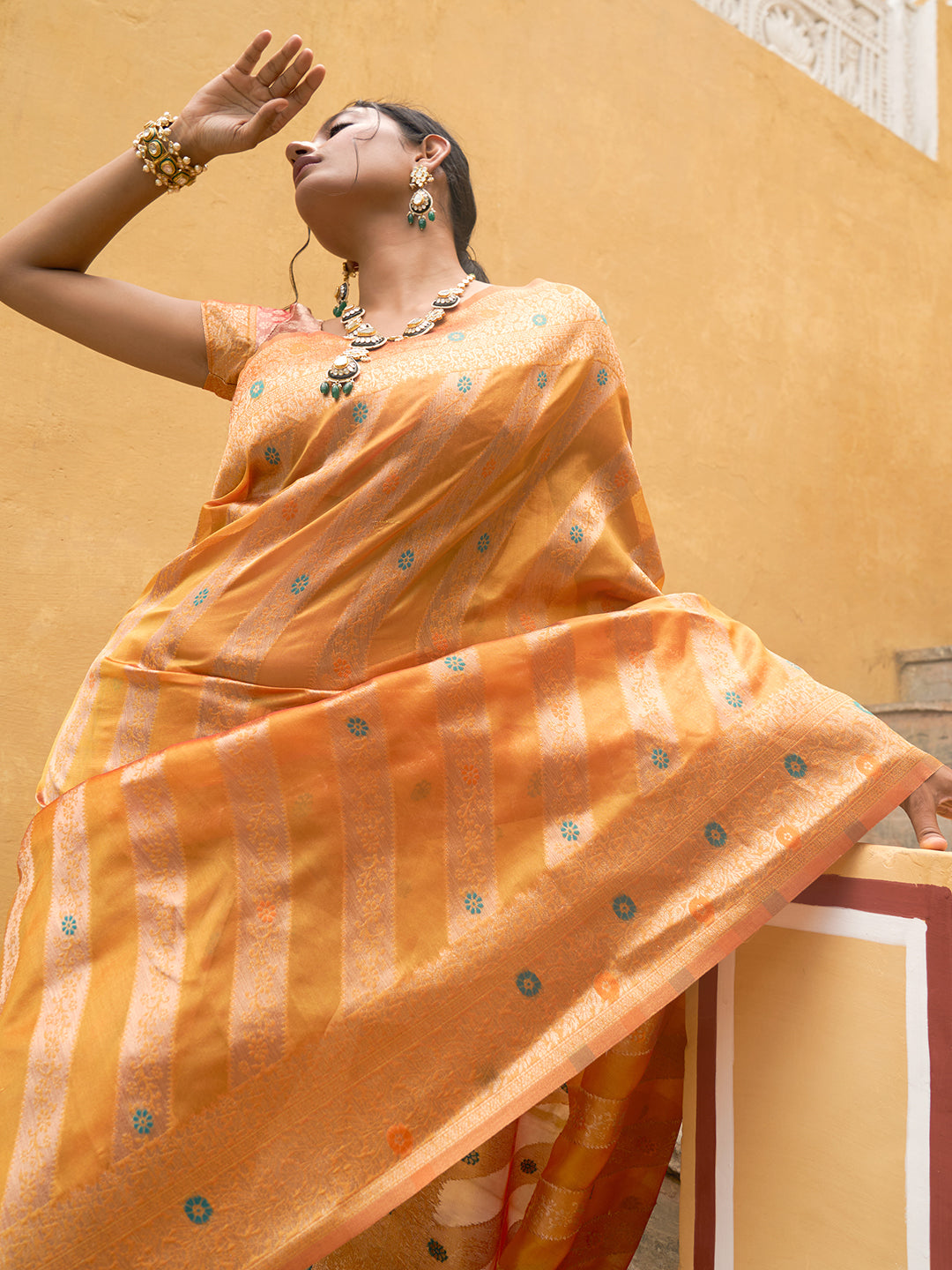 Yellow Organza  Woven Leheriya Saree with Unstitched Blouse Piece