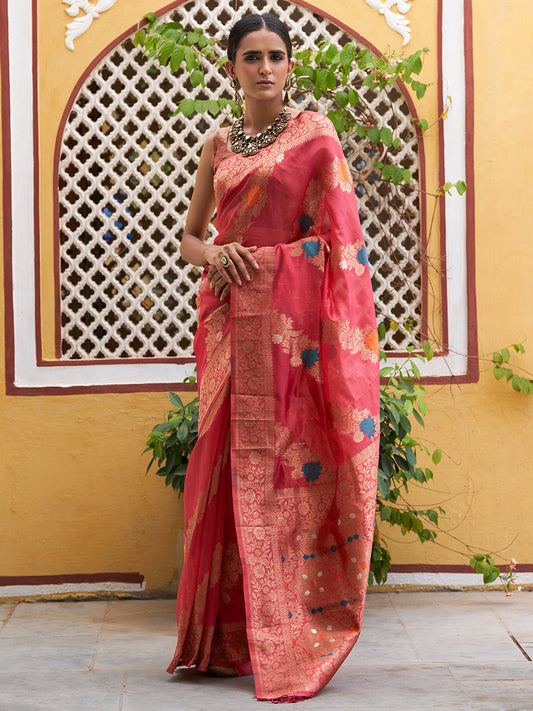 Pink Organza  Woven Leheriya Saree with Unstitched Blouse Piece