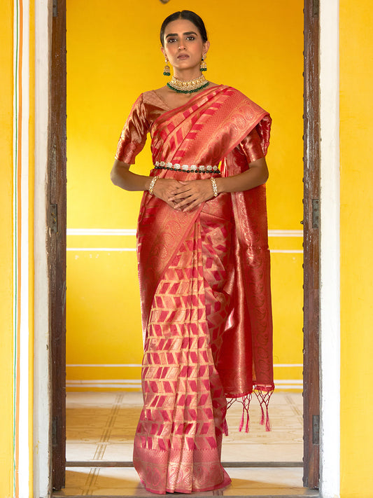 Pink Organza Woven Geometric Design Saree with Unstitched Blouse Piece