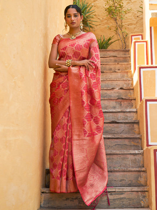 Pink Organza Woven Ethnic Motifs Saree with Unstitched Blouse Piece