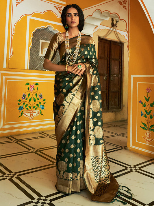 Dark Green Organza Woven Ethnic Motifs Saree with Unstitched Blouse Piece