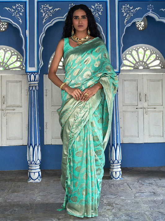 Sea Green Chanderi Silk Floral Saree with Unstitched Blouse Piece