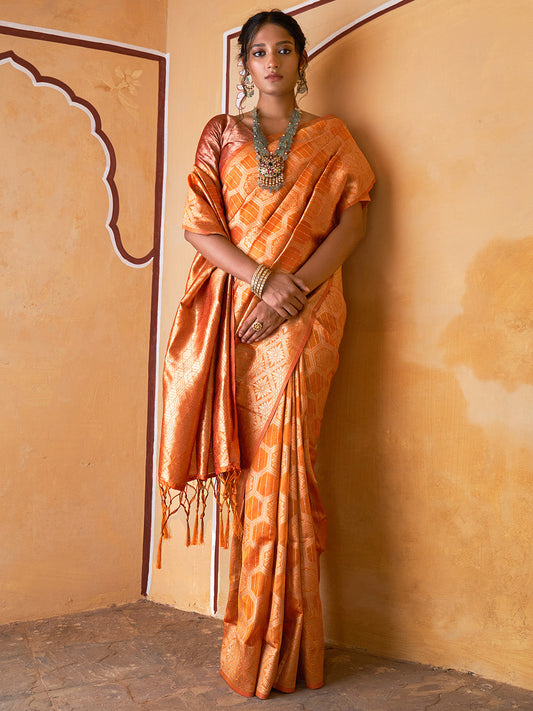 Yellow Organza Woven Ethnic Motifs Saree with Unstitched Blouse Piece