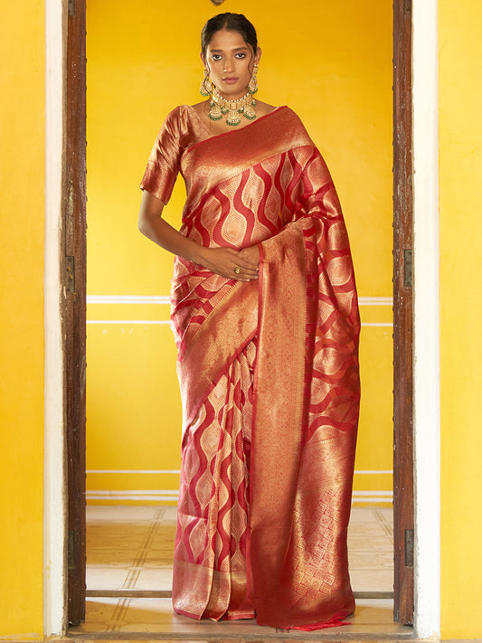 Red Organza Woven Ethnic Motifs Saree with Unstitched Blouse Piece