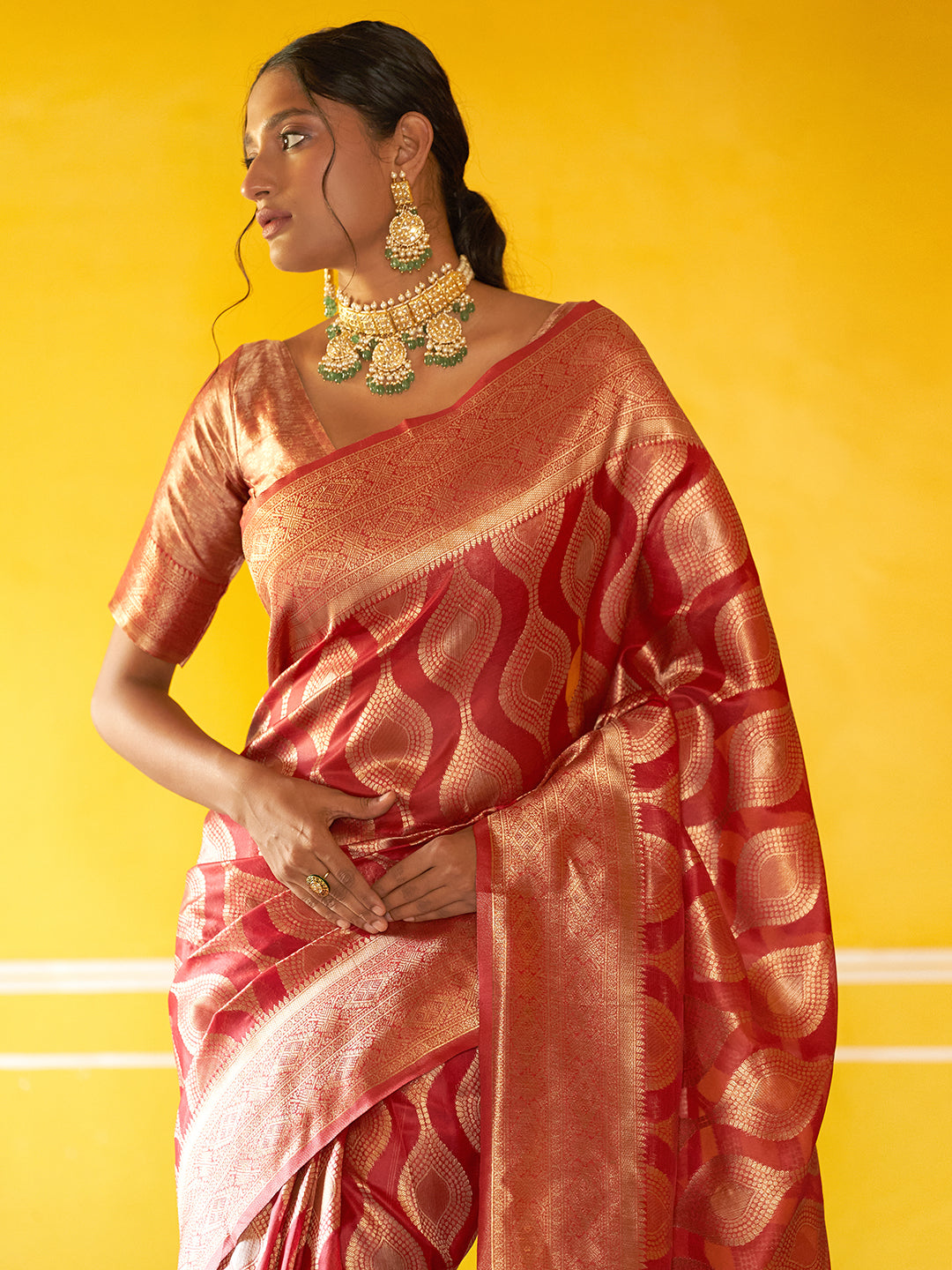 Red Organza Woven Ethnic Motifs Saree with Unstitched Blouse Piece