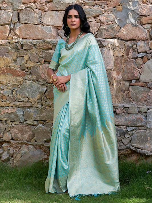 Sea Green Chanderi Silk Paisley Saree with Unstitched Blouse Piece