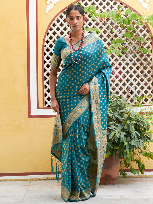 Teal Green Banarasi Silk Woven Ethnic Motifs Saree with Unstitched Blouse Piece