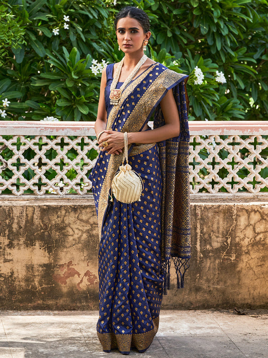 Navy Blue Banarasi Silk Ethnic Motifs Saree with Unstitched Blouse Piece