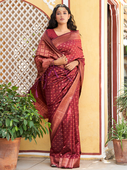 Maroon Banarasi Silk Ethnic Motifs Saree with Unstitched Blouse Piece