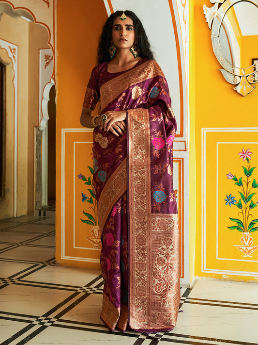 Wine Banarasi Silk Ethnic Motifs Saree with Unstitched Blouse Piece