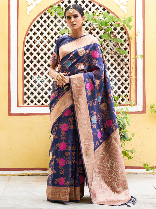 Navy Blue Banarasi Silk Floral Saree with Unstitched Blouse Piece