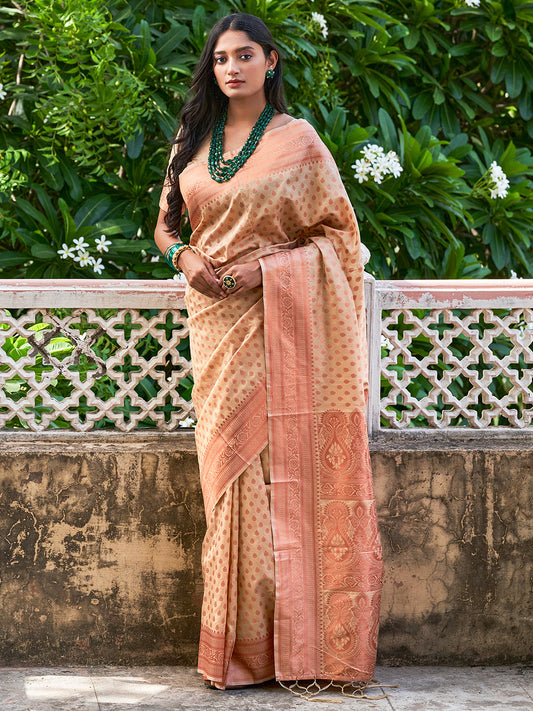 Beige Chanderi Silk Ethnic Motifs Saree with Unstitched Blouse Piece