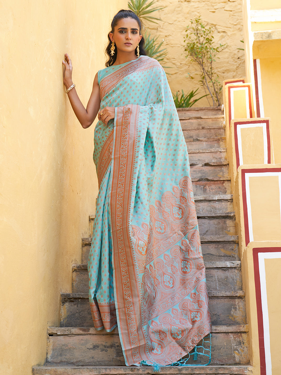 Sea Green Chanderi Silk Ethnic Motifs Saree with Unstitched Blouse Piece