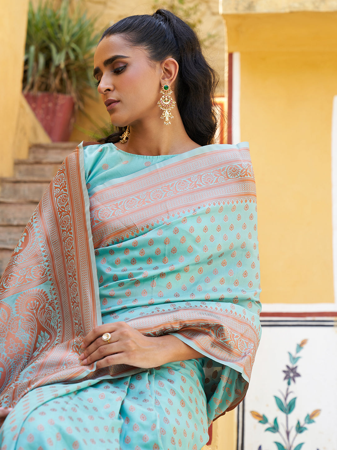 Sea Green Chanderi Silk Ethnic Motifs Saree with Unstitched Blouse Piece