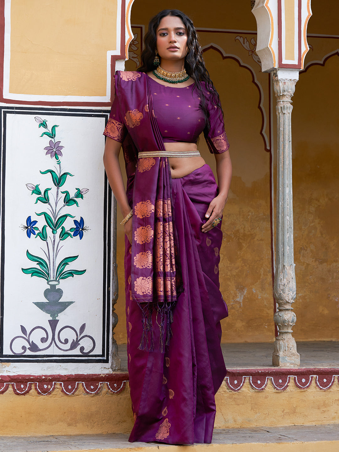 Wine Kanjeevaram Silk Woven Ethnic Motifs Saree with Unstitched Blouse Piece