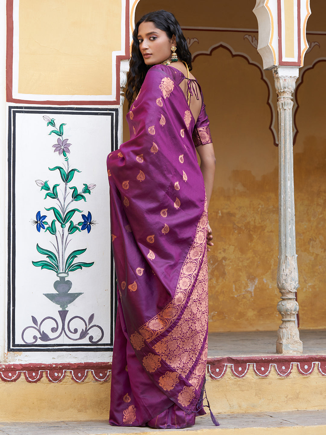 Wine Kanjeevaram Silk Woven Ethnic Motifs Saree with Unstitched Blouse Piece