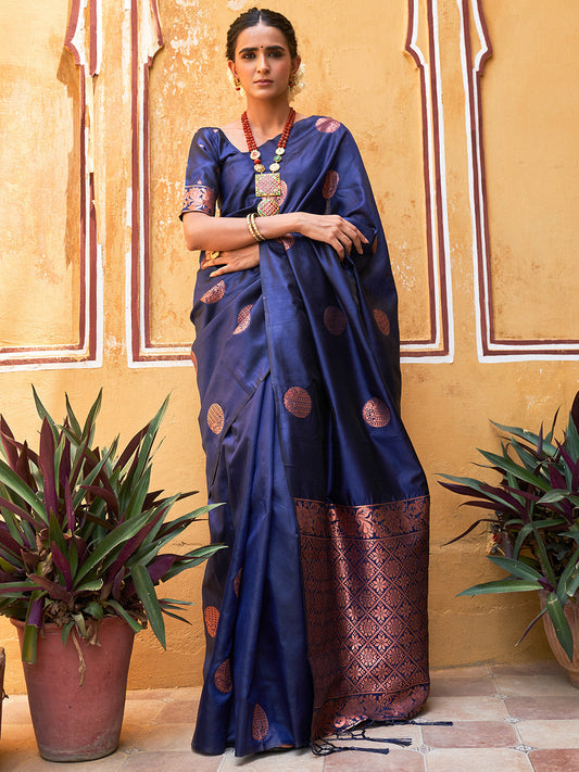 Navy Blue Kanjeevaram Silk Geometric Design Saree with Unstitched Blouse Piece