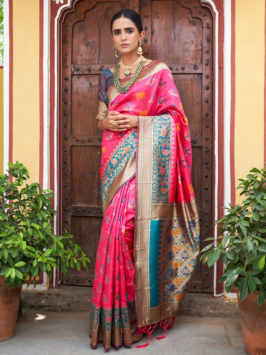 Pink Cotton Silk Woven Ethnic Motifs Saree with Unstitched Blouse Piece