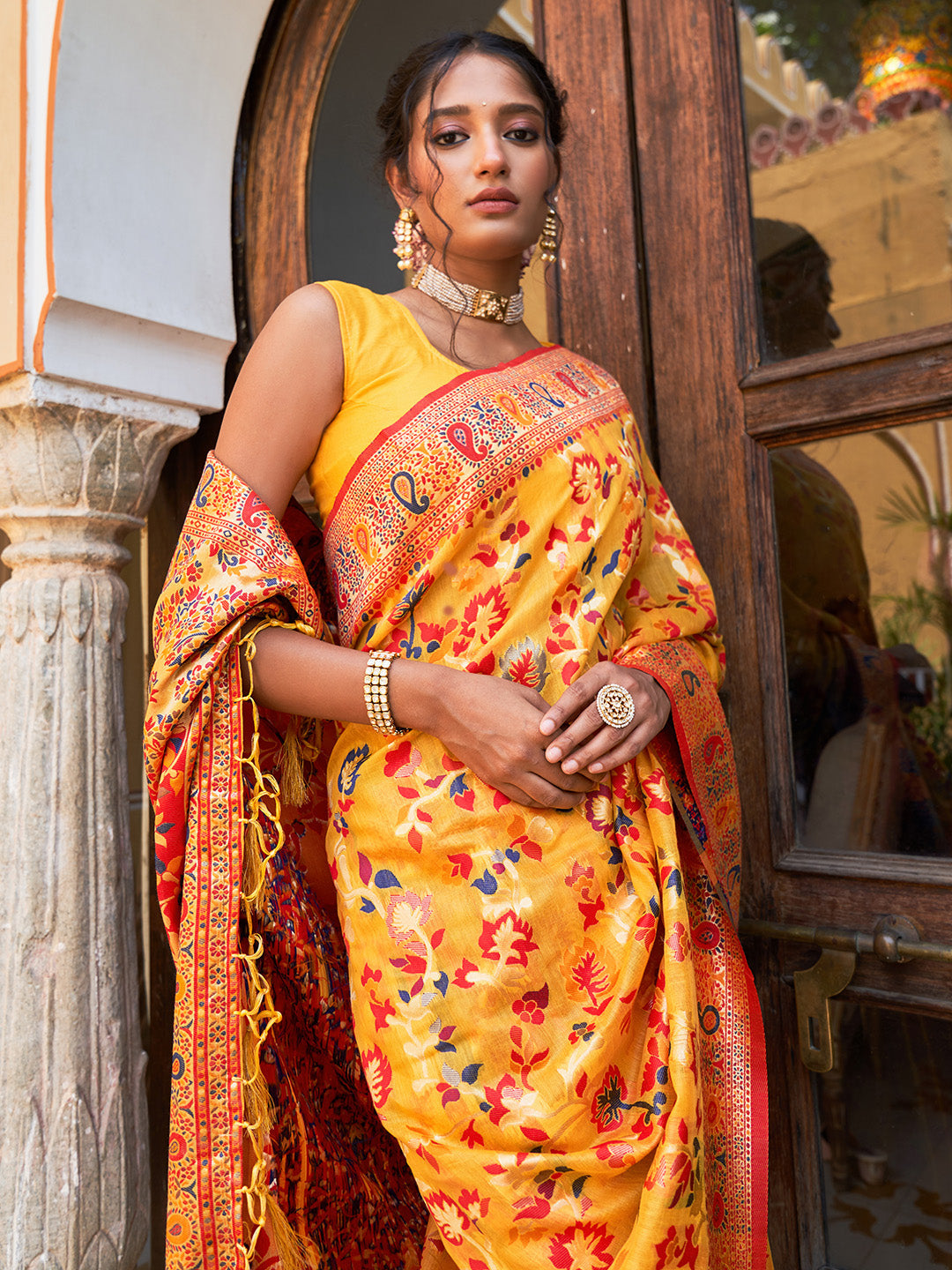 Yellow Chanderi Silk Pashmina Saree with Unstitched Blouse Piece