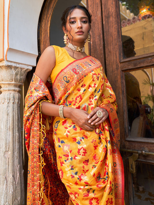 Yellow Chanderi Silk Pashmina Saree with Unstitched Blouse Piece