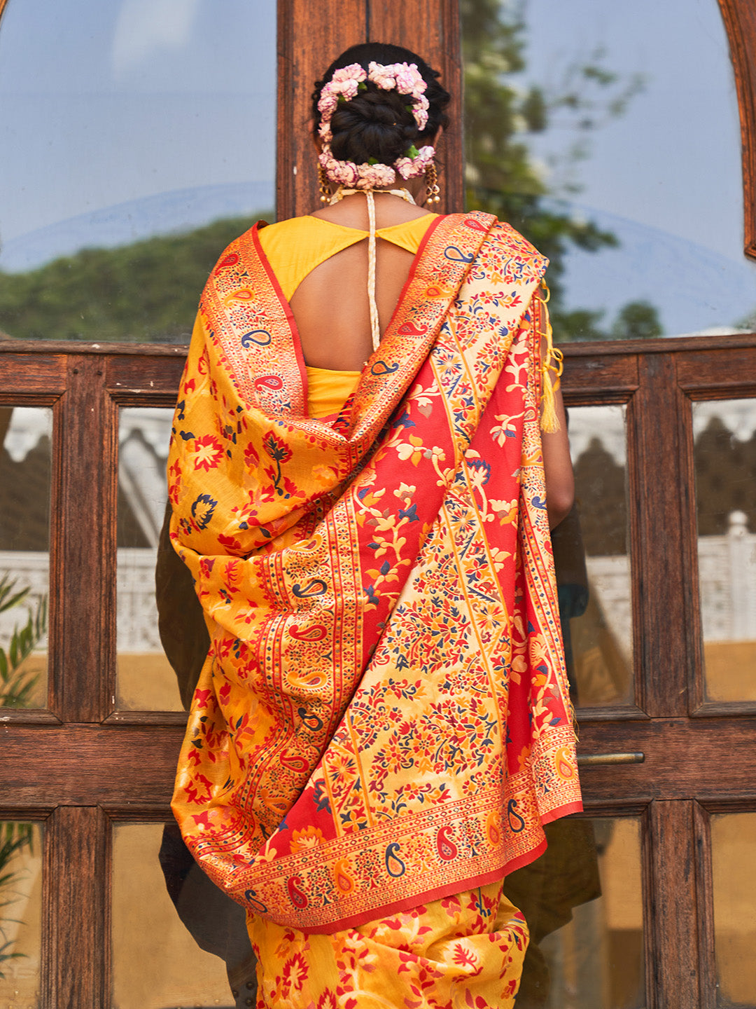 Yellow Chanderi Silk Pashmina Saree with Unstitched Blouse Piece