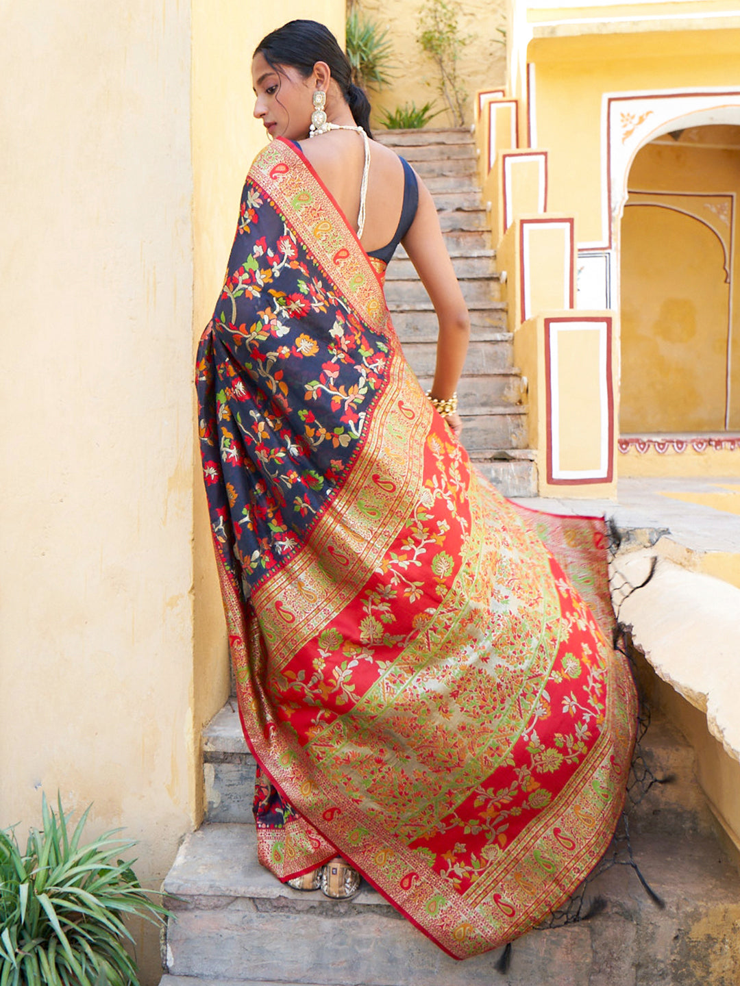 Navy Blue Chanderi Silk Pashmina Saree with Unstitched Blouse Piece