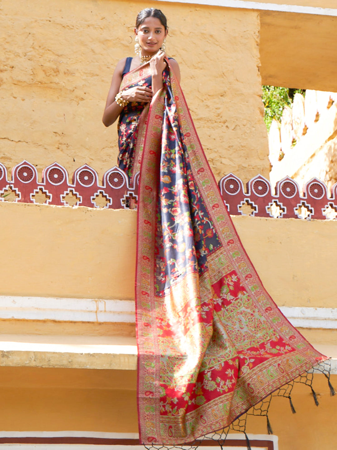 Navy Blue Chanderi Silk Pashmina Saree with Unstitched Blouse Piece