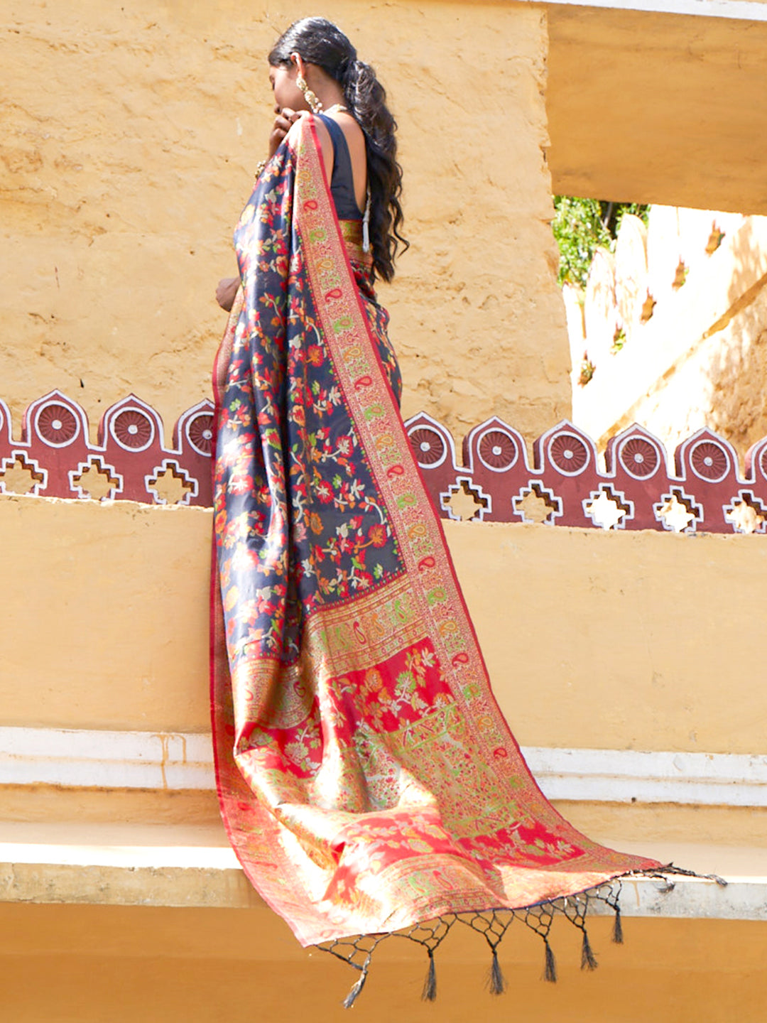 Navy Blue Chanderi Silk Pashmina Saree with Unstitched Blouse Piece