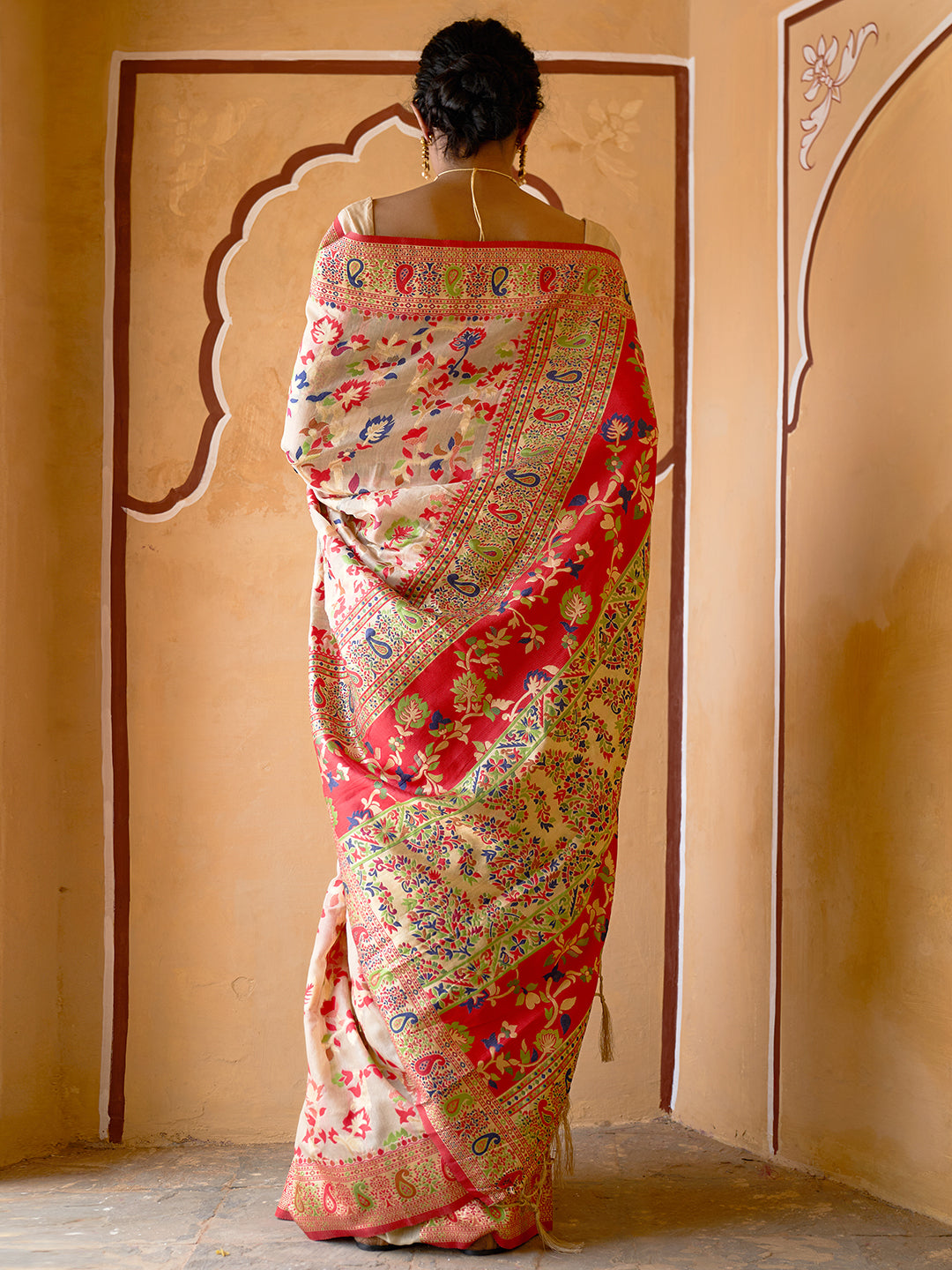 Beige Chanderi Silk Pashmina Saree with Unstitched Blouse Piece